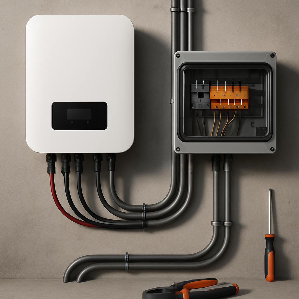Inversor solar, quadro elétrico e conduítes organizados