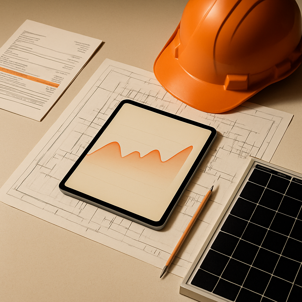 Projeto, conta de energia, capacete e painel solar em mesa técnica